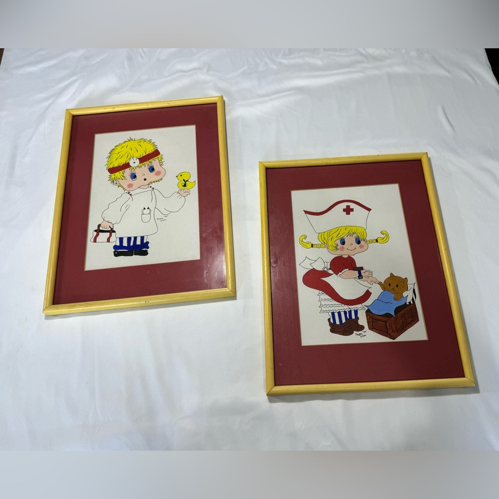 1979 VINTAGE PAINTING ARTWORK. BOY & GIRL KID PLAY DOCTOR& NURSE 16” X 12” CUTE!